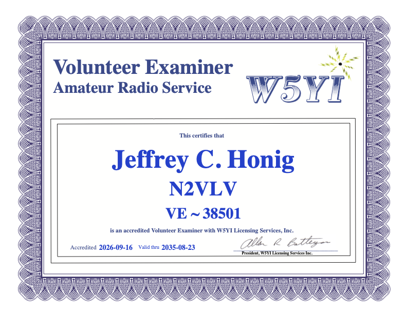 Image of Jeff's W5YI Volunteer Examiner Certificate